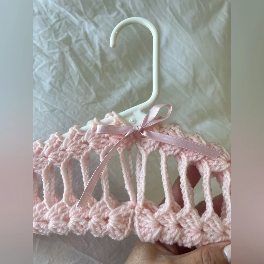 CROCHETED Clothes Hangers | Set Of 2 | Pale Pink Covers & Plastic Hangers Bow